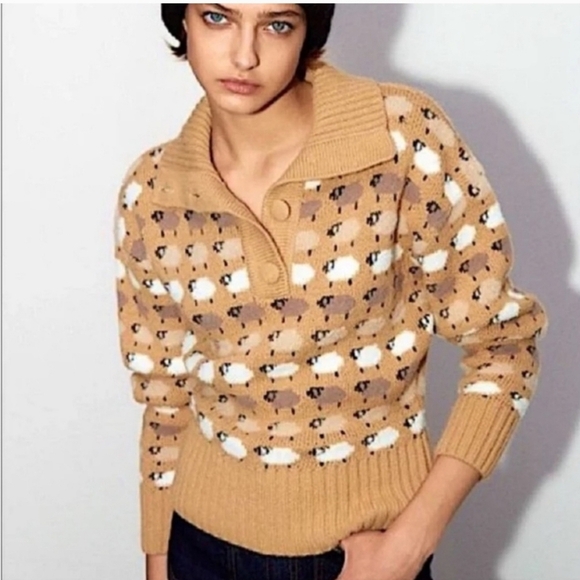 Zara Sheep Lamb Print Collared Sweater Size S Tan Blogger Favorite - Picture 1 of 5